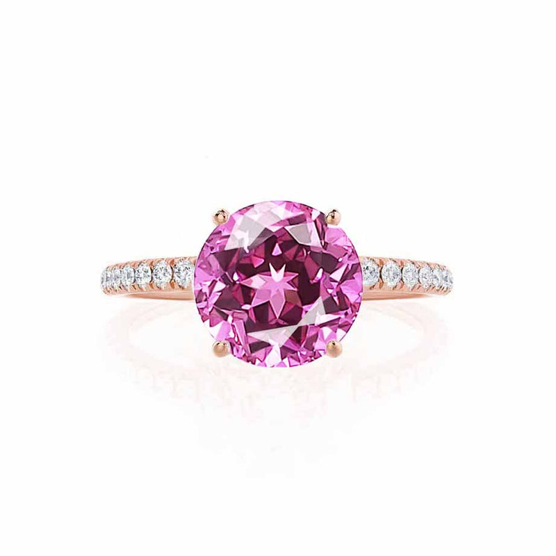 MACY - Chatham® Round Pink Sapphire 18k Rose Gold Petite Pavé Shoulder Set Ring