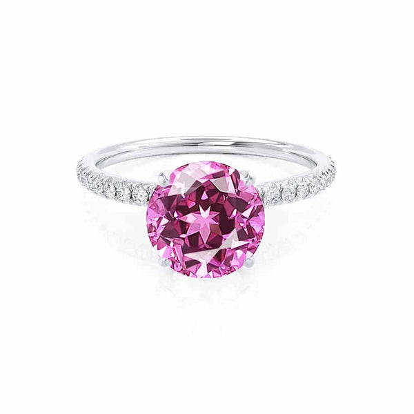 MACY - Chatham® Round Pink Sapphire 18k White Gold Petite Pavé Shoulder Set Ring