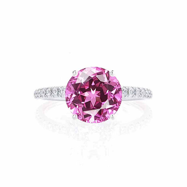 MACY - Chatham® Round Pink Sapphire 950 Platinum Petite Pavé Shoulder Set Ring