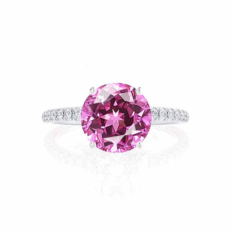 MACY - Chatham® Round Pink Sapphire 18k White Gold Petite Pavé Shoulder Set Ring