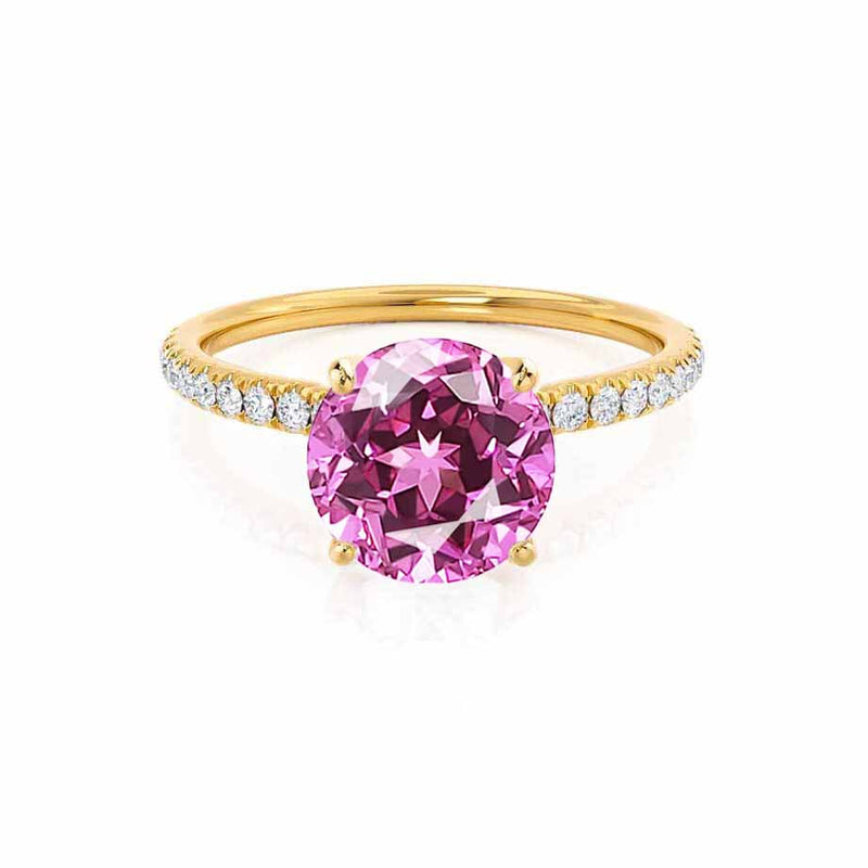 MACY - Chatham® Round Pink Sapphire 18k Yellow Gold Petite Pavé Shoulder Set Ring