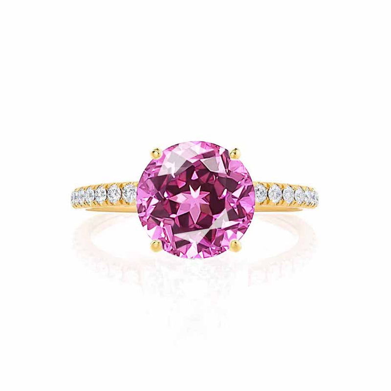 MACY - Chatham® Round Pink Sapphire 18k Yellow Gold Petite Pavé Shoulder Set Ring