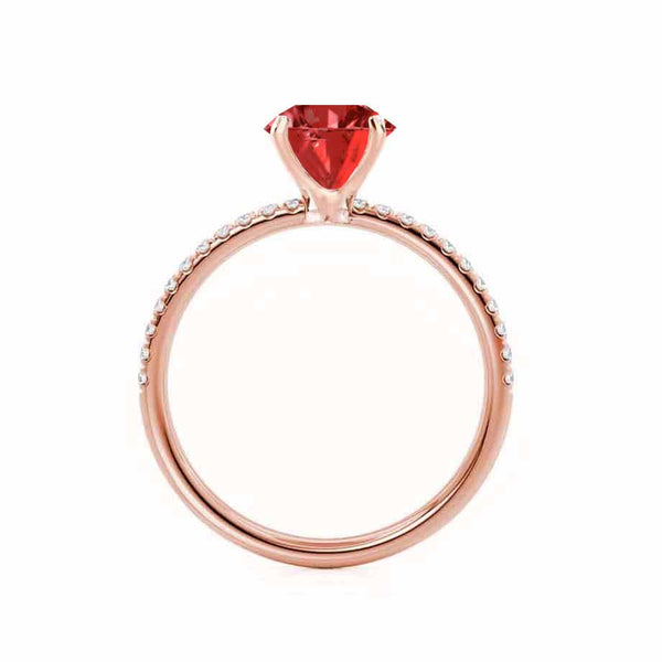 MACY - Chatham® Round Ruby 18k Rose Gold Petite Pavé Shoulder Set Ring