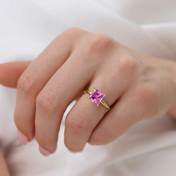 PARIS - Chatham® Princess Pink Sapphire & Diamond 18k Yellow Gold Petite Hidden Halo