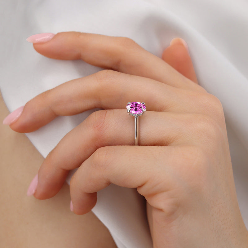 PARIS - Chatham® Oval Pink Sapphire & Diamond 18k White Gold Petite Hidden Halo