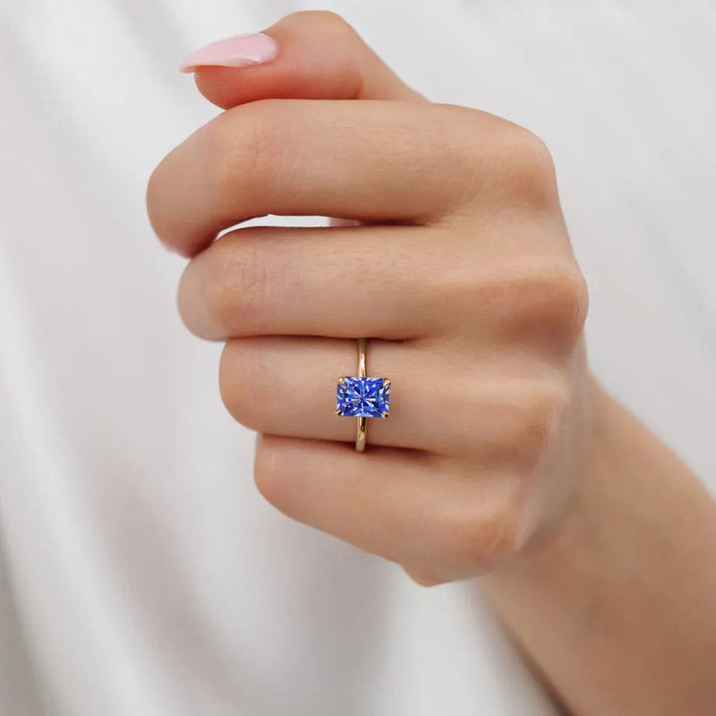 PARIS - Chatham® Radiant Blue Sapphire & Diamond 18k Rose Gold Petite Hidden Halo