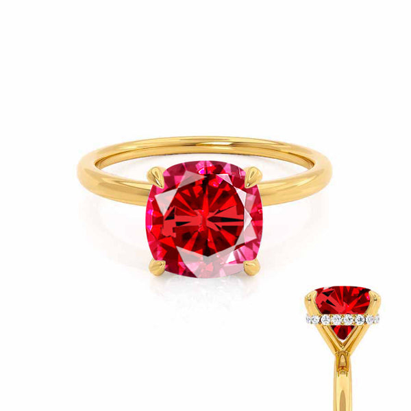 PARIS - Chatham® Cushion Ruby & Diamond 18k Yellow Gold Petite Hidden Halo