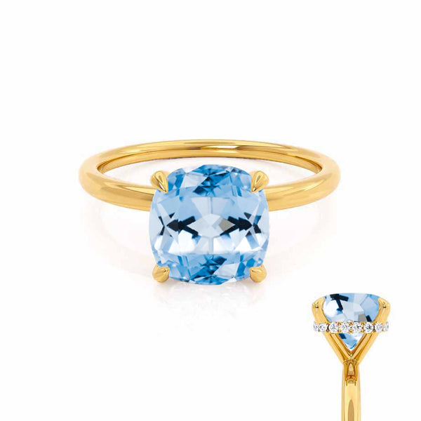 PARIS - Chatham® Cushion Aqua Spinel & Diamond 18k Yellow Gold Petite Hidden Halo