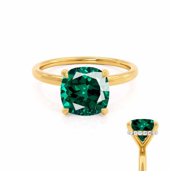 PARIS - Chatham® Cushion Emerald & Diamond 18k Yellow Gold Petite Hidden Halo