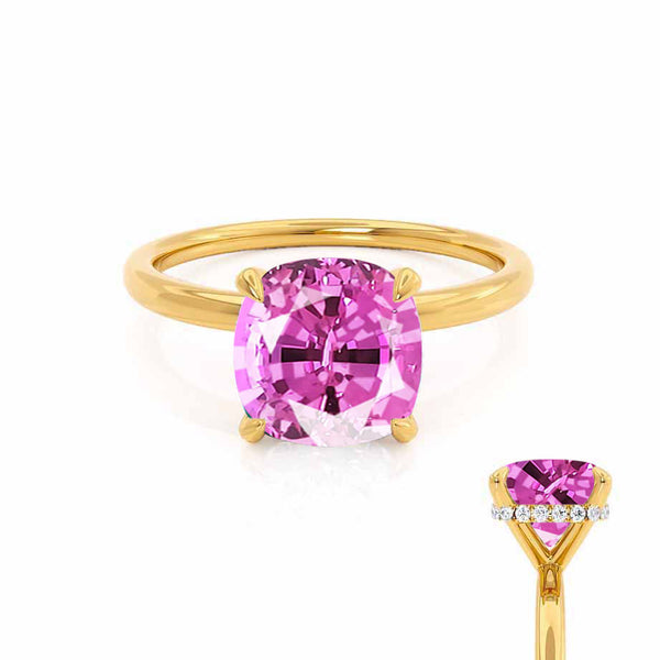 PARIS - Chatham® Cushion Pink Sapphire & Diamond 18k Yellow Gold Petite Hidden Halo