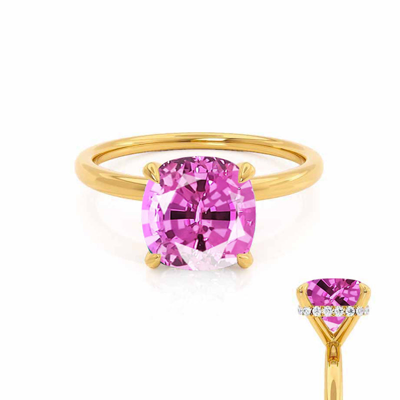 PARIS - Chatham® Cushion Pink Sapphire & Diamond 18k Yellow Gold Petite Hidden Halo