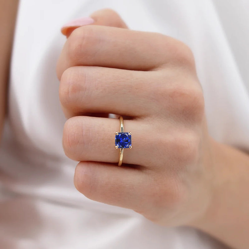 PARIS - Chatham® Cushion Blue Sapphire & Diamond 18k Yellow Gold Petite Hidden Halo