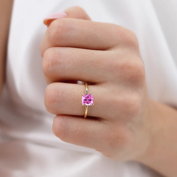 PARIS - Chatham® Cushion Pink Sapphire & Diamond 18k Yellow Gold Petite Hidden Halo