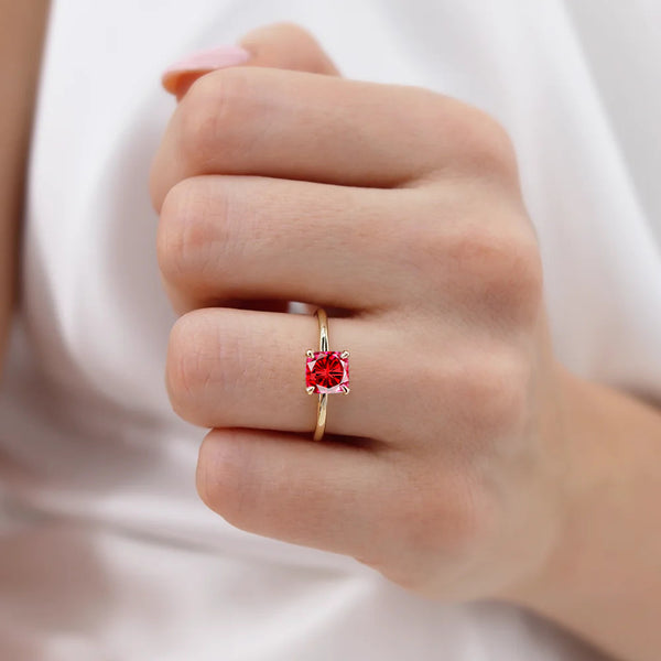 PARIS - Chatham® Cushion Ruby & Diamond 18k Yellow Gold Petite Hidden Halo