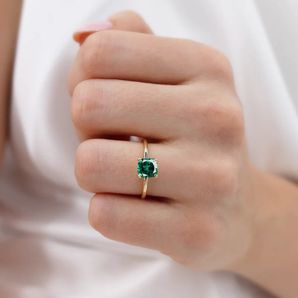 PARIS - Chatham® Cushion Emerald & Diamond 18k Yellow Gold Petite Hidden Halo