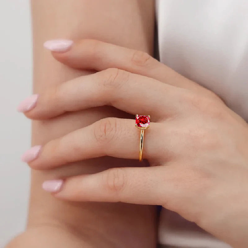 PARIS - Chatham® Cushion Ruby & Diamond 18k Yellow Gold Petite Hidden Halo