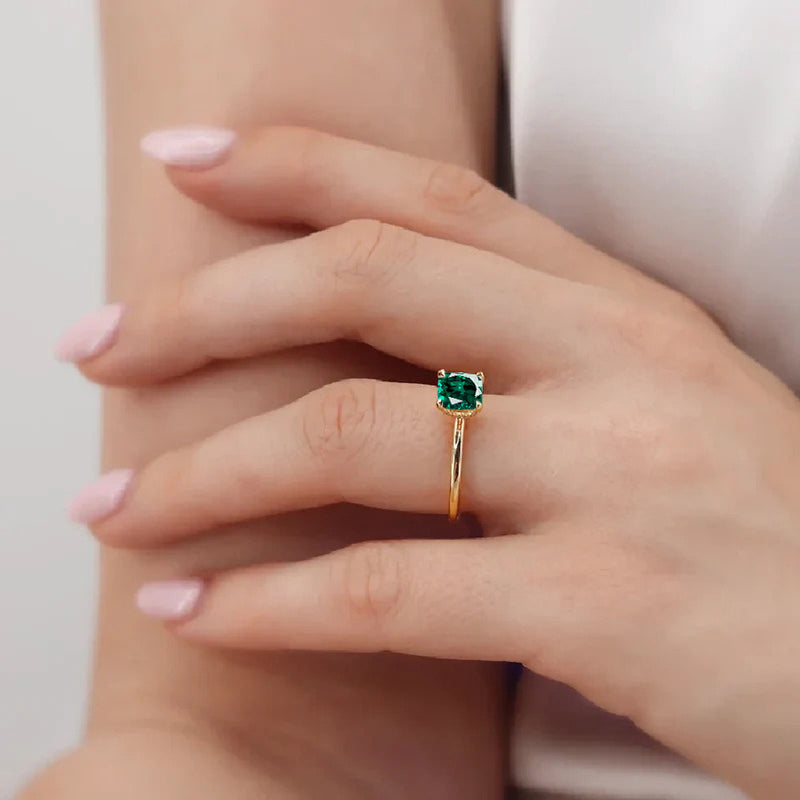 PARIS - Chatham® Cushion Emerald & Diamond 18k Yellow Gold Petite Hidden Halo
