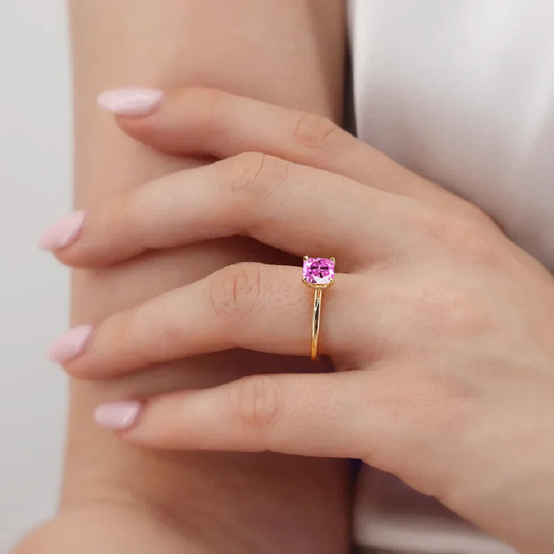 PARIS - Chatham® Cushion Pink Sapphire & Diamond 18k Yellow Gold Petite Hidden Halo
