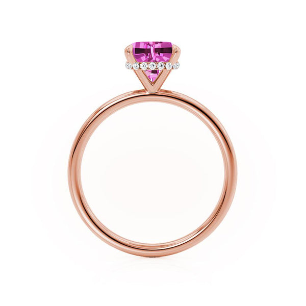 PARIS - Chatham® Cushion Pink Sapphire & Diamond 18k Rose Gold Petite Hidden Halo