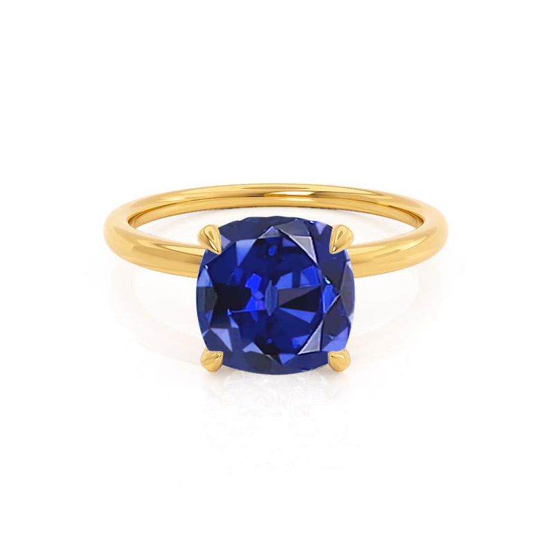 PARIS - Chatham® Cushion Blue Sapphire & Diamond 18k Yellow Gold Petite Hidden Halo