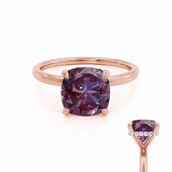 PARIS - Chatham® Cushion Alexandrite & Diamond 18k Rose Gold Petite Hidden Halo