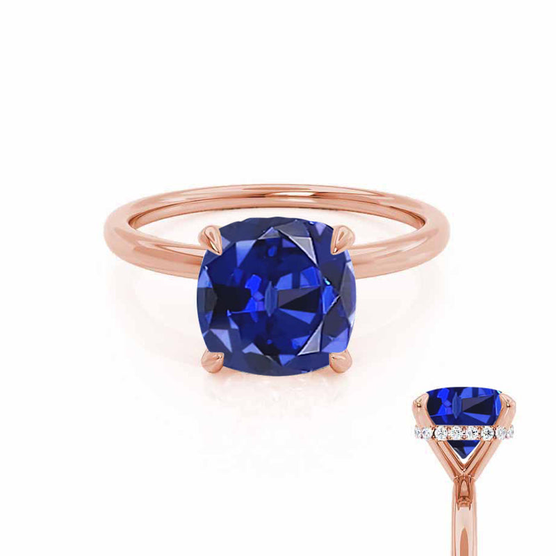 PARIS - Chatham® Cushion Blue Sapphire & Diamond 18k Rose Gold Petite Hidden Halo