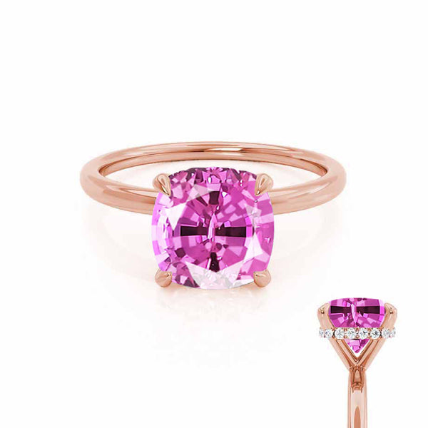 PARIS - Chatham® Cushion Pink Sapphire & Diamond 18k Rose Gold Petite Hidden Halo