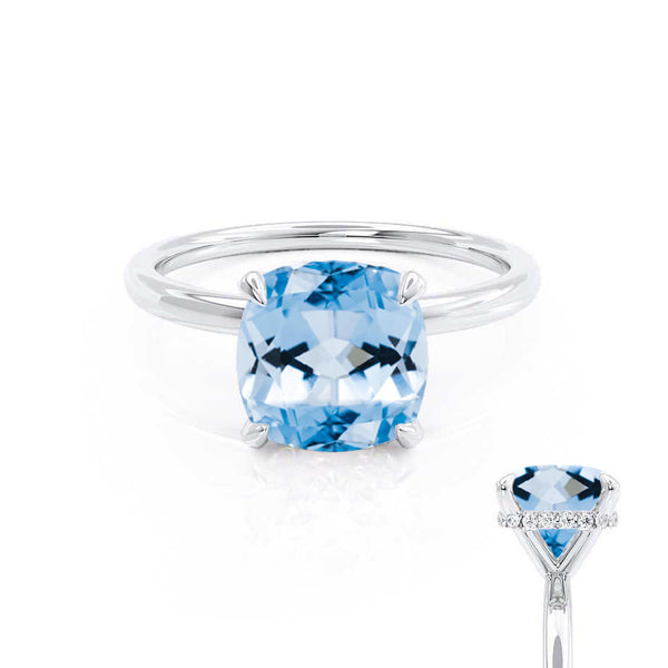 PARIS - Chatham® Cushion Aqua Spinel & Diamond 950 Platinum Petite Hidden Halo