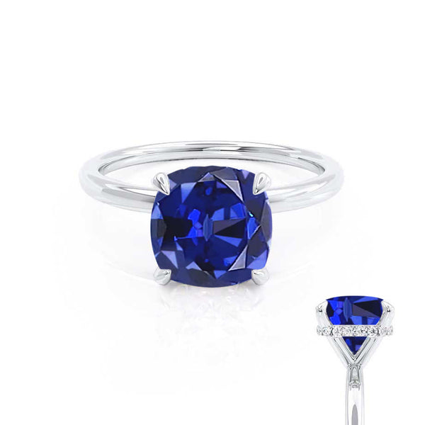 PARIS - Chatham® Cushion Blue Sapphire & Diamond 18k White Gold Petite Hidden Halo