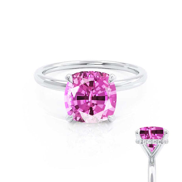 PARIS - Chatham® Cushion Pink Sapphire & Diamond 950 Platinum Petite Hidden Halo