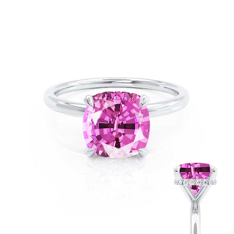 PARIS - Chatham® Cushion Pink Sapphire & Diamond 950 Platinum Petite Hidden Halo