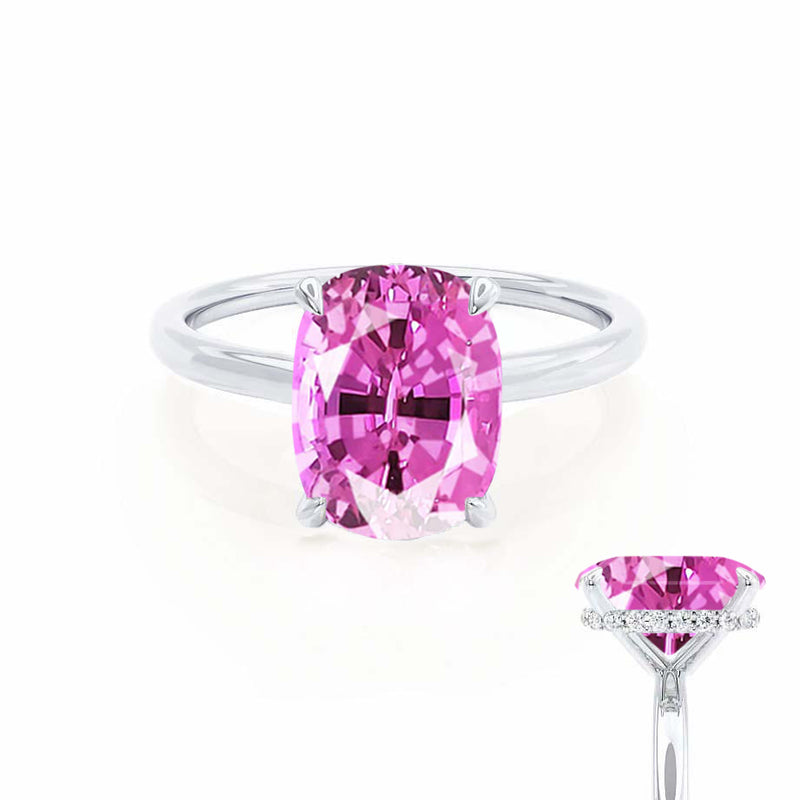 PARIS - Chatham® Elongated Cushion Pink Sapphire & Diamond 18k White Gold Petite Hidden Halo