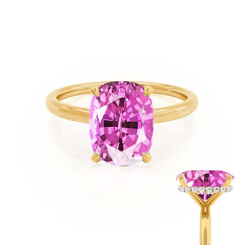 PARIS - Chatham® Elongated Cushion Pink Sapphire & Diamond 18k Yellow Gold Petite Hidden Halo