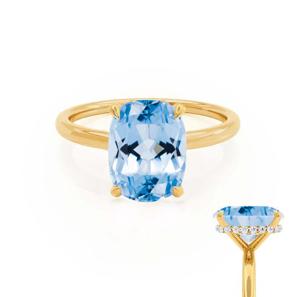 PARIS - Chatham® Elongated Cushion Aqua Spinel & Diamond 18k Yellow Gold Petite Hidden Halo