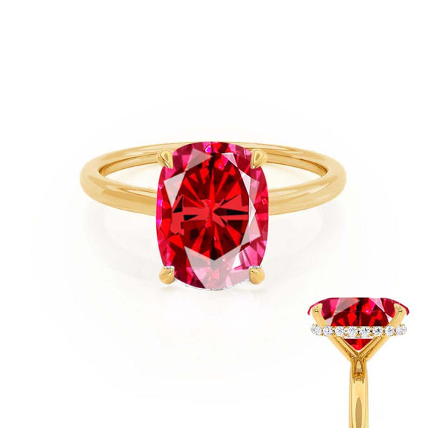 PARIS - Chatham® Elongated Cushion Ruby & Diamond 18k Yellow Gold Petite Hidden Halo