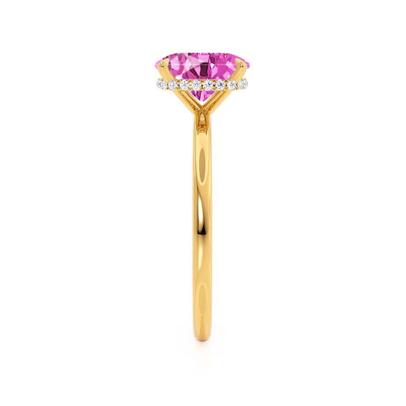 PARIS - Chatham® Elongated Cushion Pink Sapphire & Diamond 18k Yellow Gold Petite Hidden Halo