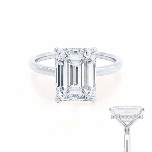 PARIS - Emerald Natural Diamond & Diamond 18k White Gold Hidden Halo Solitaire Engagement Ring Lily Arkwright
