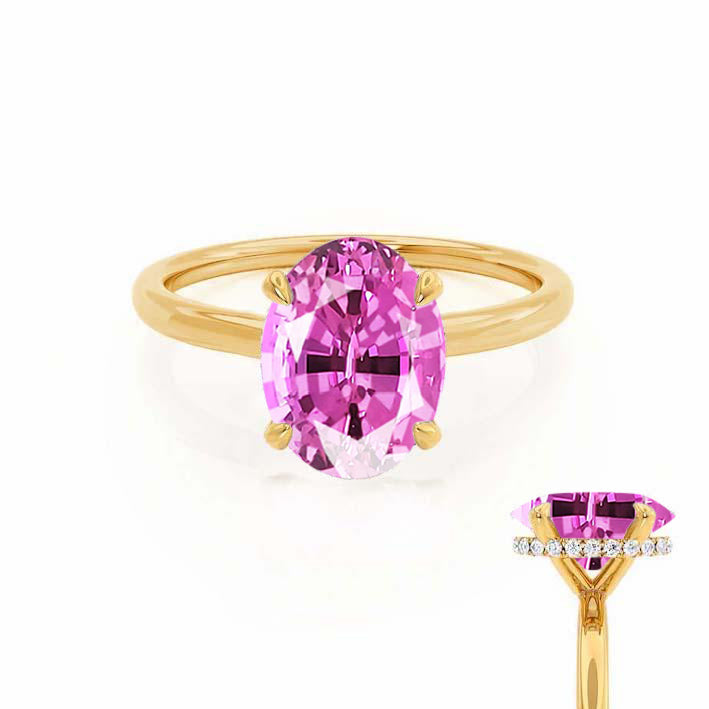 PARIS - Chatham® Oval Pink Sapphire & Diamond 18k Yellow Gold Petite Hidden Halo