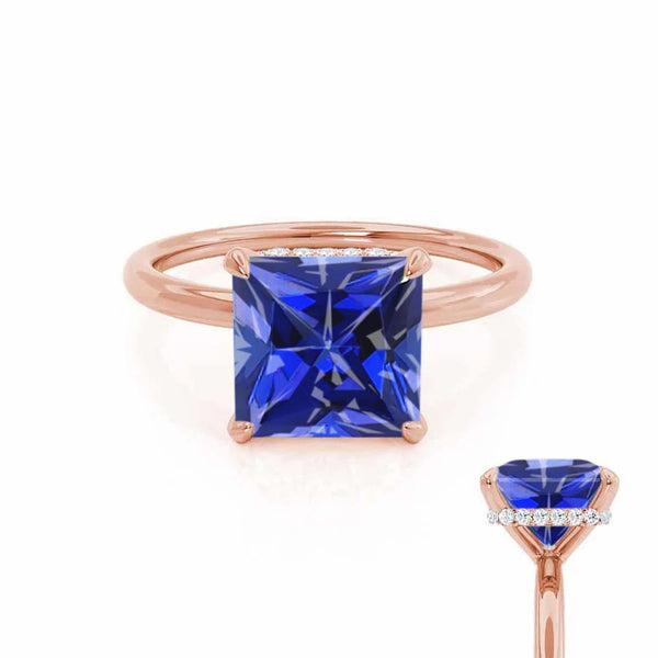PARIS - Chatham® Princess Blue Sapphire & Diamond 18k Rose Gold Petite Hidden Halo