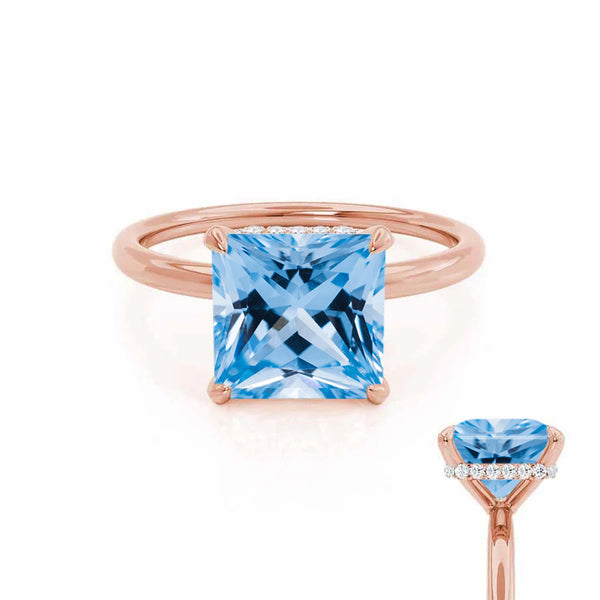PARIS - Chatham® Princess Aqua Spinel & Diamond 18k Rose Gold Petite Hidden Halo