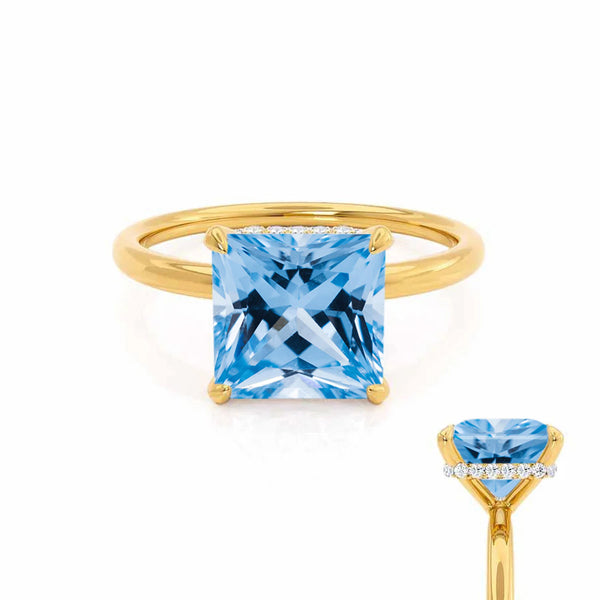 PARIS - Chatham® Princess Aqua Spinel & Diamond 18k Yellow Gold Petite Hidden Halo
