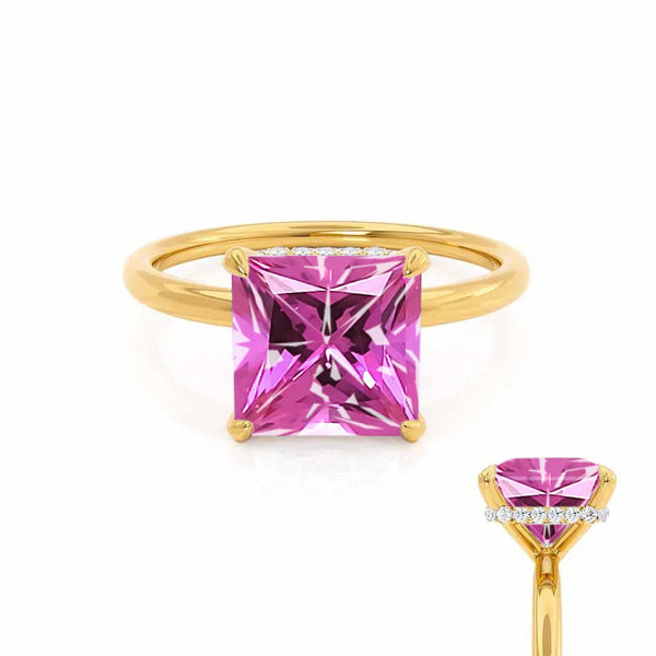PARIS - Chatham® Princess Pink Sapphire & Diamond 18k Yellow Gold Petite Hidden Halo