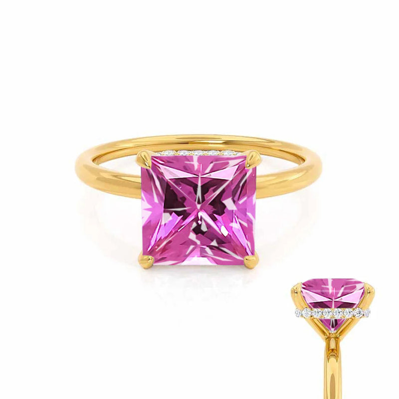 PARIS - Chatham® Princess Pink Sapphire & Diamond 18k Yellow Gold Petite Hidden Halo