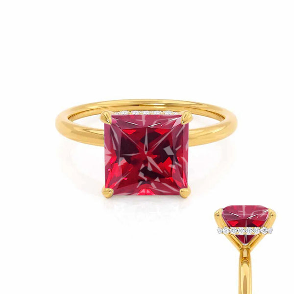 PARIS - Chatham® Princess Ruby & Diamond 18k Yellow Gold Petite Hidden Halo