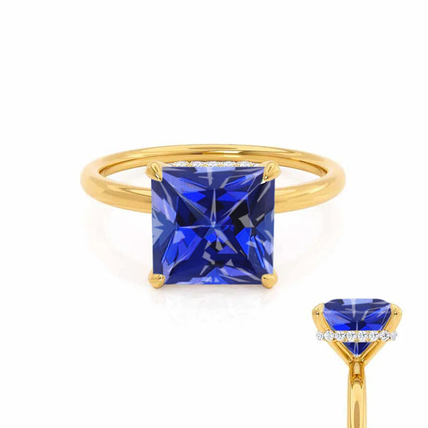 PARIS - Chatham® Princess Blue Sapphire & Diamond 18k Yellow Gold Petite Hidden Halo