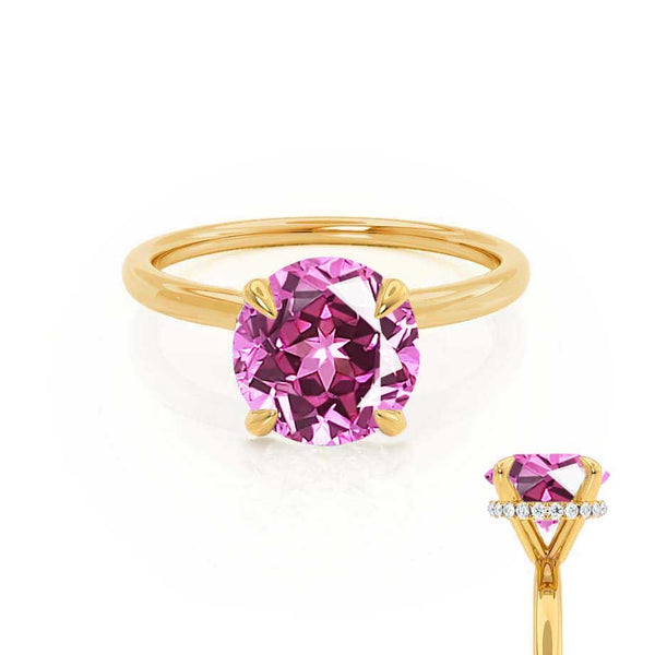 PARIS - Chatham® Round Pink Sapphire & Diamond 18k Yellow Gold Petite Hidden Halo