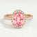 Rosa oval morganite and diamond halo ring in rose gold – view 1