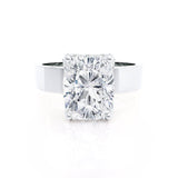 Regent Elongated Cushion Cut Lab Diamond Platinum Cigar Band Wide Engagement Ring Lily Arkwright Front View 