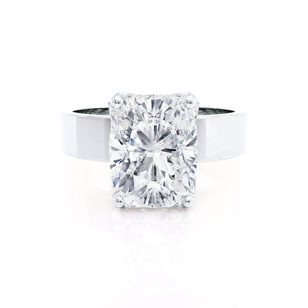 Regent Elongated Cushion Cut Lab Diamond Platinum Cigar Band Wide Engagement Ring Lily Arkwright Front View 