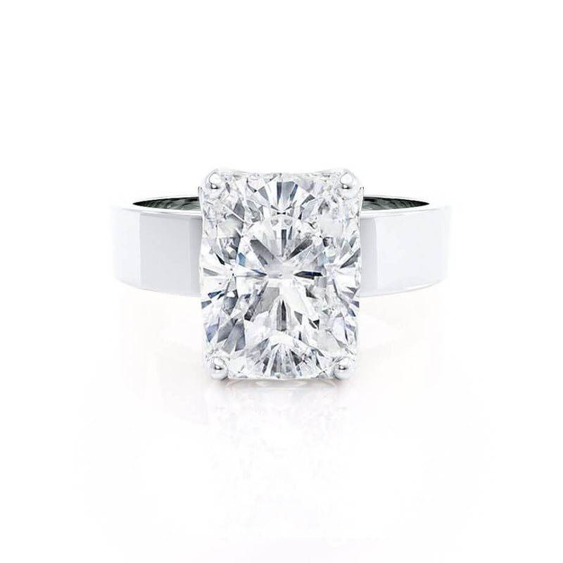 Regent Elongated Cushion Cut Lab Diamond Platinum Cigar Band Wide Engagement Ring Lily Arkwright Front View 